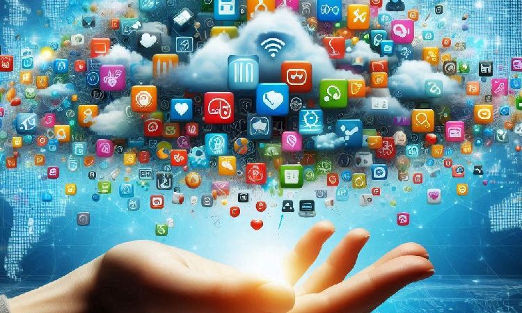 A hand reaching out towards a cloud of colorful app icons and symbols, set against a blue sky with a faint world map in the background. The icons represent various digital applications, including social media, finance, and communication, with a tablet and smartphones at the base. The image conveys themes of technology, connectivity, and digital innovation.