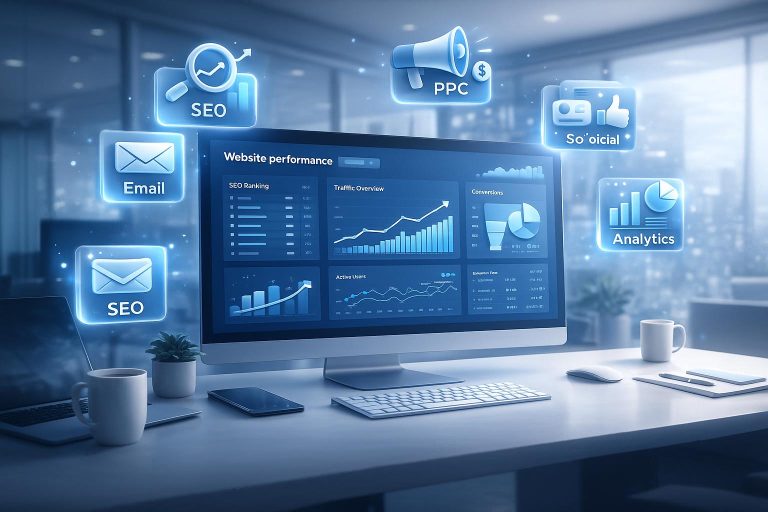 تصویر مفهومی بازاریابی وب‌سایت و استراتژی‌های رشد کسب‌وکار