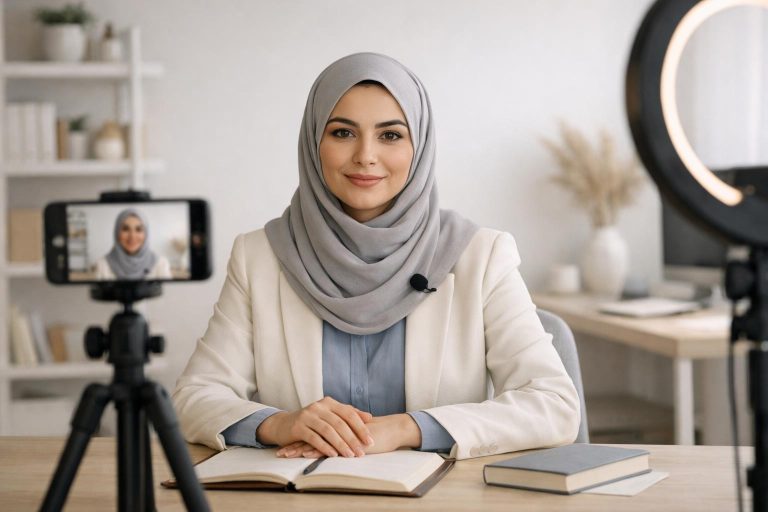 مدرس خانم ایرانی با حجاب در حال ضبط ویدئوی آموزشی برای طراحی اپلیکیشن آموزشی اختصاصی